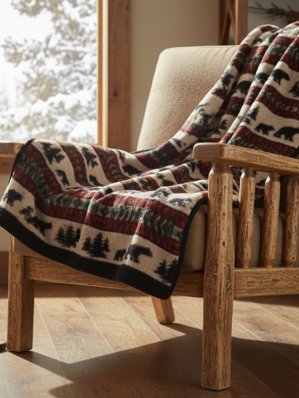 NEW! Reversible Rustic Bear & Tree Pattern Throw Blanket 1081